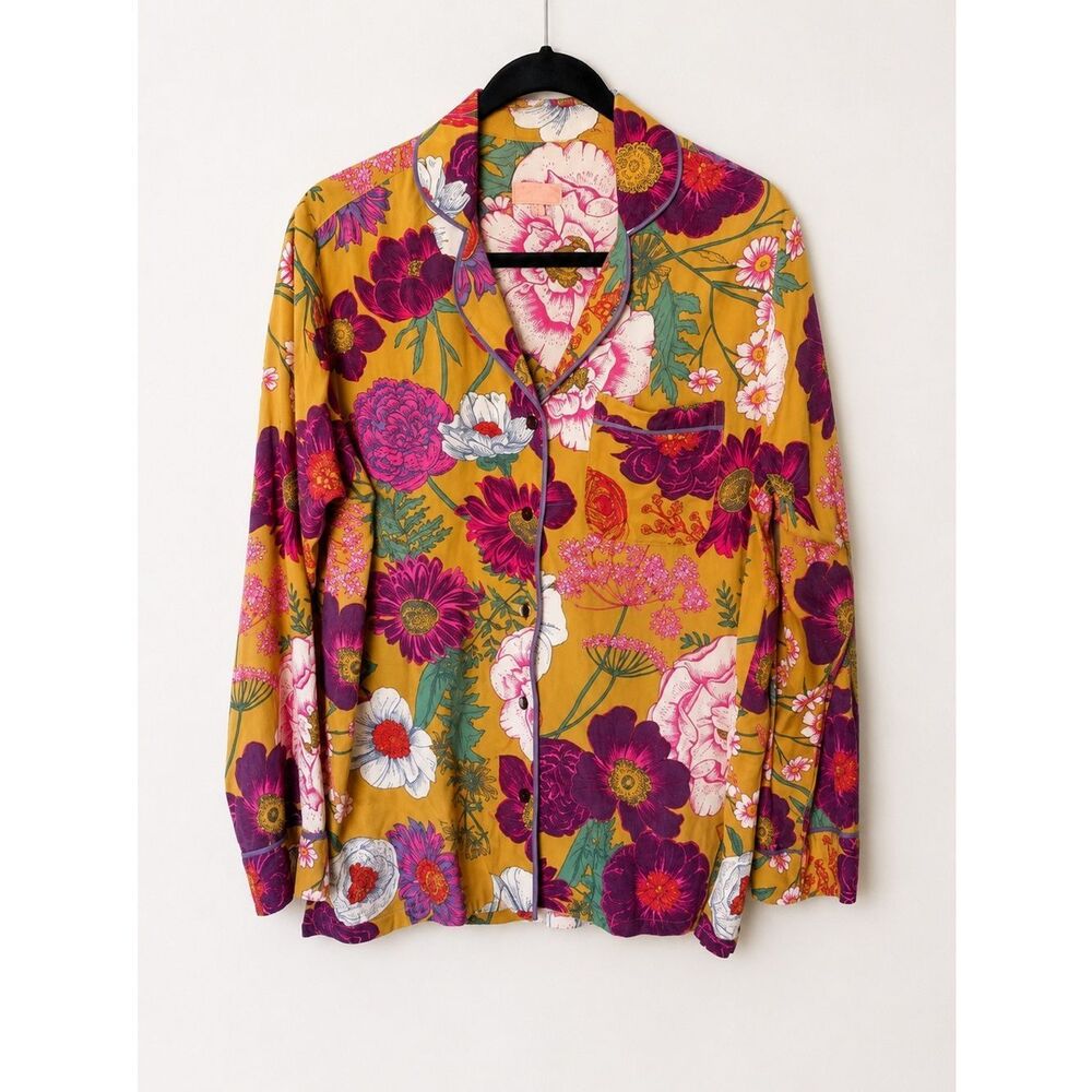 POWDER UK Floral Leaf Print Pajama Shirt size S 100% Modal Boho Artsy 70’s Retro